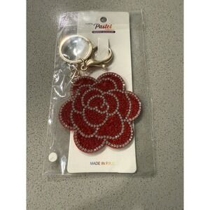Pastel Red Rose Rhinestone Keychain Bag Charm Gold Tone
